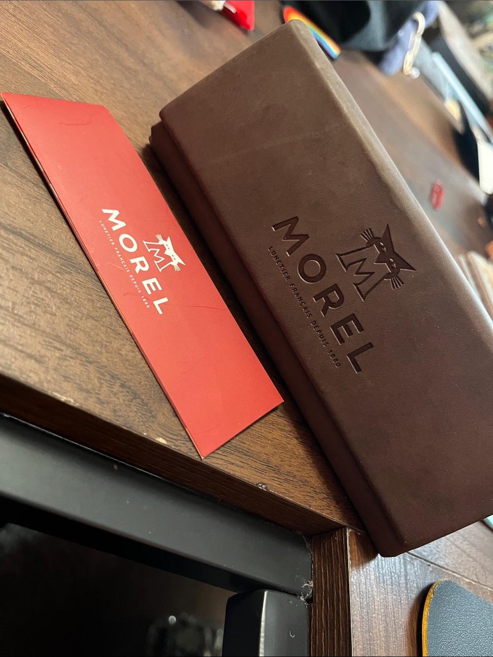 Reiss Brown Sunglasses Case with Red Morel Card